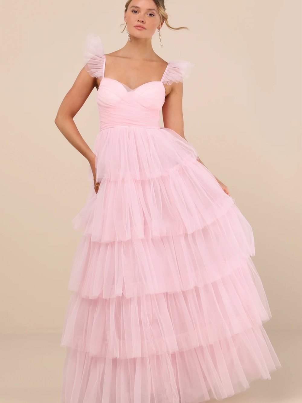 Lulu's Fabulous Poise Light Pink Tulle Ruffled Tiered Maxi Dress Size XL - Picture 1 of 9